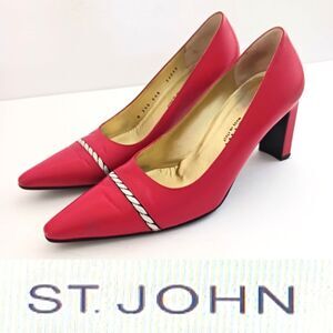 Authentic St John Bright Red Leather Pump Made in Italy Flat Block Heel 7.5M